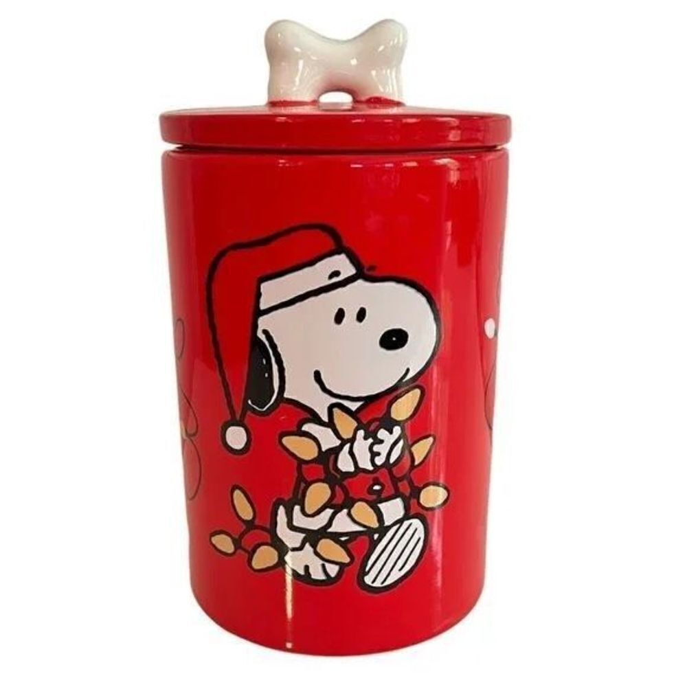 NWT Peanuts Snoopy Happy Holidays Christmas Glossy Red Ceramic Canister Bone Lid